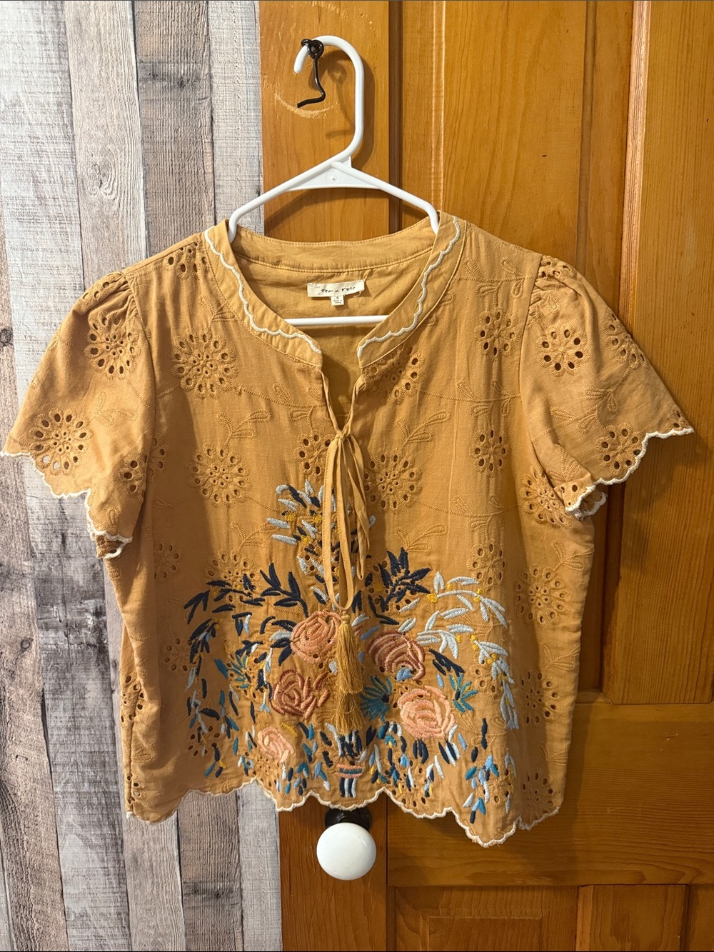 tea n rose Mustard Embroidered Eyelet Tie-Neck Blouse